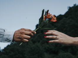 How to Give a Bouquet at a Great Distance: Ideas and Tips person giving the flowers to lady